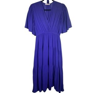R VIOIMO Women size L (12-14) Blue Pleated Midi Dress with belt Flutter Sleeves